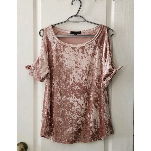 Sanctuary Womens Pink Cream Cold Shoulder Velvet Top Short Sleeve Tie‎ Detail M - Picture 2 of 9